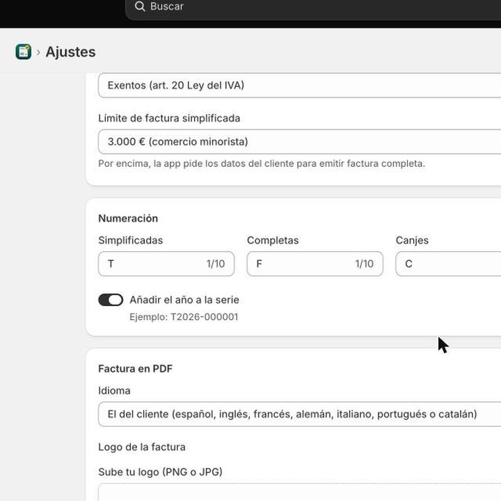 Ajustes de Tidy Verifactu con la serie de numeración y el límite de factura simplificada