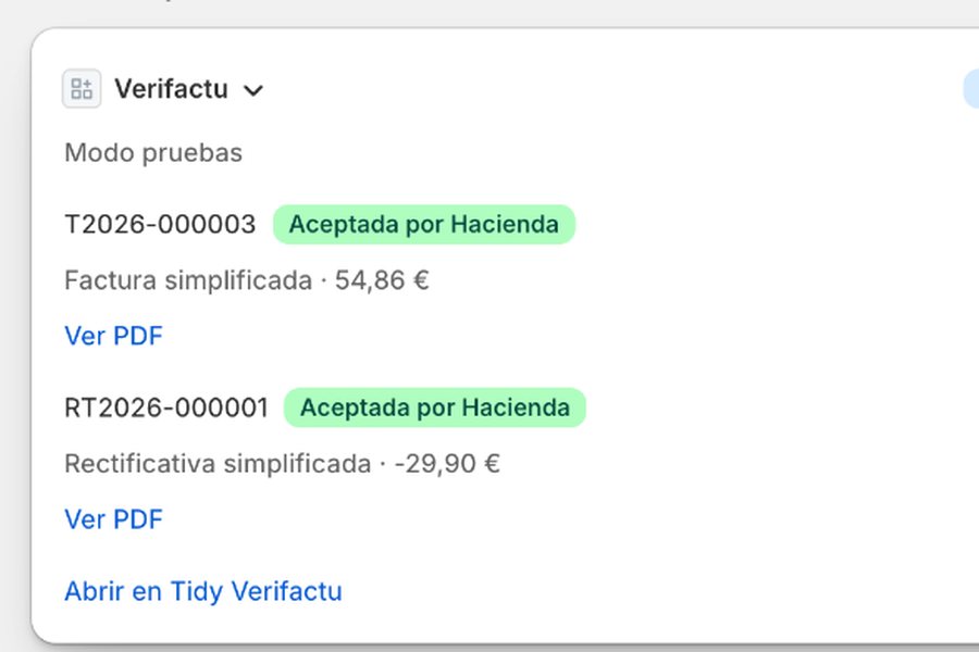 Bloque Verifactu dentro de un pedido de Shopify con la factura y la rectificativa aceptadas por Hacienda