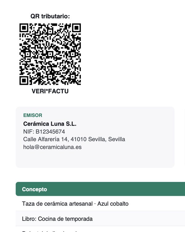 Factura en PDF de una tienda de cerámica con el QR tributario y la mención VERI*FACTU