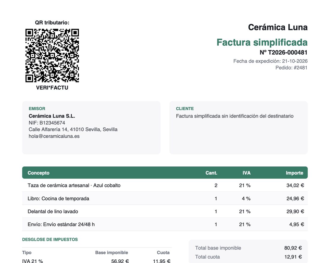 Factura simplificada en PDF con el QR tributario arriba a la izquierda y la mención VERI*FACTU debajo
